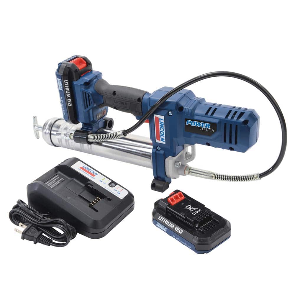 Lincoln - Grease Guns; Type: Battery-Operated Grease Gun ; Capacity (oz.): 14.50 ; Hose Length (Inch): 30 ; Rigid or Flexible Hose: Flexible ; Fill Type: Bulk; Cartridge ; Continuous Flow Rate (oz./min): 2.90 - Exact Tooling