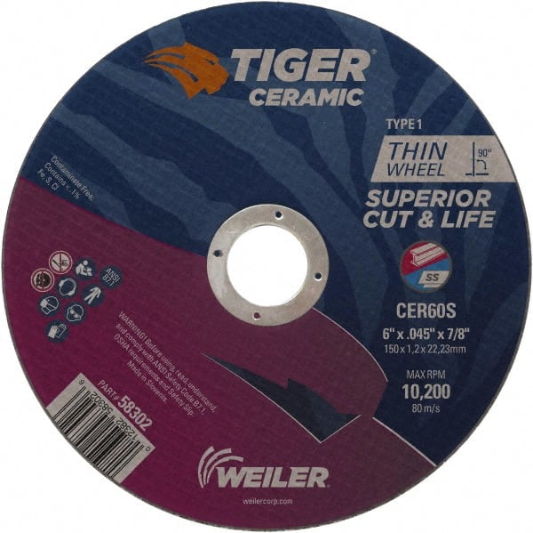 Weiler - 6" 60 Grit Ceramic Cutoff Wheel - 0.045" Thick, 7/8" Arbor, 10,200 Max RPM, Use with Angle Grinders - Exact Tooling