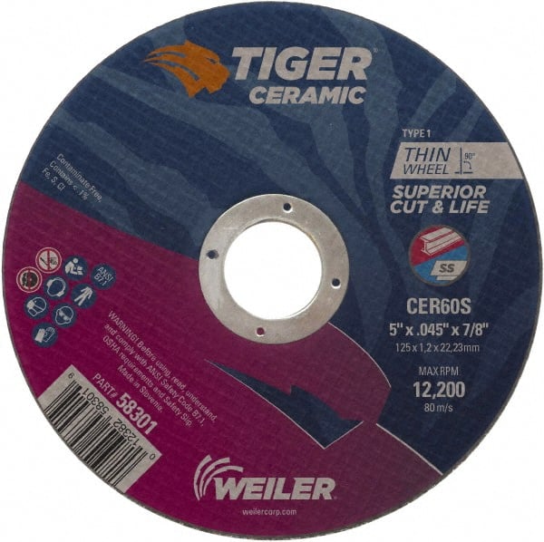 Weiler - 5" 60 Grit Ceramic Cutoff Wheel - 0.045" Thick, 7/8" Arbor, 12,200 Max RPM, Use with Angle Grinders - Exact Tooling