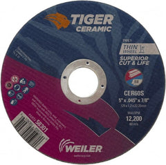 Weiler - 5" 60 Grit Ceramic Cutoff Wheel - 0.045" Thick, 7/8" Arbor, 12,200 Max RPM, Use with Angle Grinders - Exact Tooling