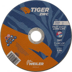 Weiler - 7" 60 Grit Zirconia Alumina Cutoff Wheel - 0.06" Thick, 7/8" Arbor, 8,500 Max RPM, Use with Angle Grinders - Exact Tooling
