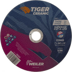 Weiler - 7" 60 Grit Ceramic Cutoff Wheel - 0.06" Thick, 7/8" Arbor, 8,500 Max RPM, Use with Angle Grinders - Exact Tooling