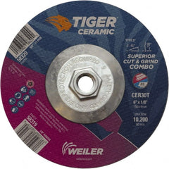 Weiler - 30 Grit, 6" Wheel Diam, Type 27 Depressed Center Wheel - Hard Grade, Ceramic, T Hardness, 10,200 Max RPM - Exact Tooling