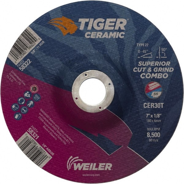 Weiler - 30 Grit, 7" Wheel Diam, 7/8" Arbor Hole, Type 27 Depressed Center Wheel - Hard Grade, Ceramic, T Hardness, 8,500 Max RPM - Exact Tooling