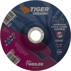Weiler - 30 Grit, 7" Wheel Diam, 7/8" Arbor Hole, Type 27 Depressed Center Wheel - Hard Grade, Ceramic, T Hardness, 8,500 Max RPM - Exact Tooling