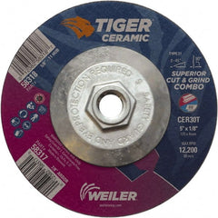Weiler - 30 Grit, 5" Wheel Diam, Type 27 Depressed Center Wheel - Hard Grade, Ceramic, T Hardness, 12,200 Max RPM - Exact Tooling