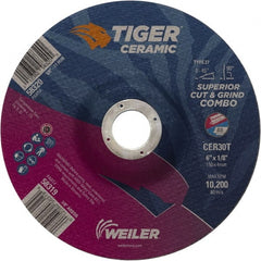 Weiler - 30 Grit, 6" Wheel Diam, 7/8" Arbor Hole, Type 27 Depressed Center Wheel - Hard Grade, Ceramic, T Hardness, 10,200 Max RPM - Exact Tooling