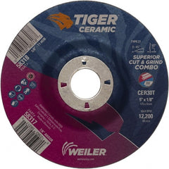Weiler - 30 Grit, 5" Wheel Diam, 7/8" Arbor Hole, Type 27 Depressed Center Wheel - Hard Grade, Ceramic, T Hardness, 12,200 Max RPM - Exact Tooling
