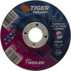 Weiler - 30 Grit, 4-1/2" Wheel Diam, 7/8" Arbor Hole, Type 27 Depressed Center Wheel - Hard Grade, Ceramic, T Hardness, 13,300 Max RPM - Exact Tooling
