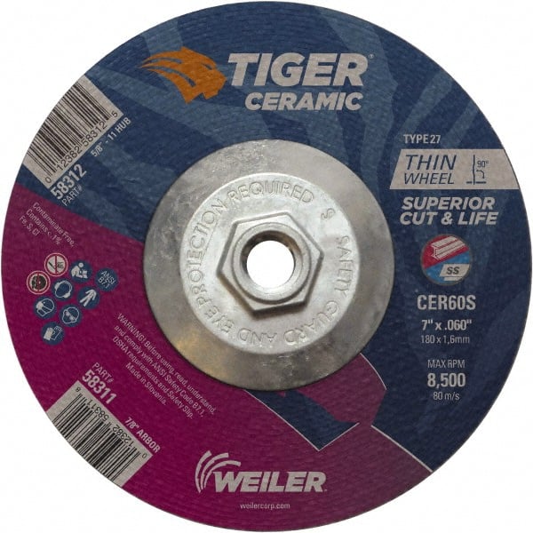 Weiler - 60 Grit, 7" Wheel Diam, Type 27 Depressed Center Wheel - Medium Grade, Ceramic, S Hardness, 8,500 Max RPM - Exact Tooling