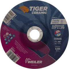 Weiler - 60 Grit, 7" Wheel Diam, 7/8" Arbor Hole, Type 27 Depressed Center Wheel - Medium Grade, Ceramic, S Hardness, 8,500 Max RPM - Exact Tooling