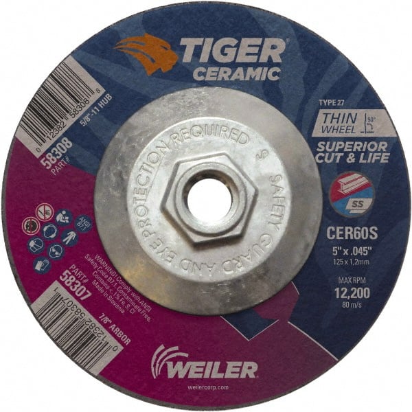 Weiler - 60 Grit, 5" Wheel Diam, Type 27 Depressed Center Wheel - Medium Grade, Ceramic, S Hardness, 12,200 Max RPM - Exact Tooling