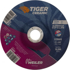 Weiler - 60 Grit, 6" Wheel Diam, 7/8" Arbor Hole, Type 27 Depressed Center Wheel - Medium Grade, Ceramic, S Hardness, 10,200 Max RPM - Exact Tooling