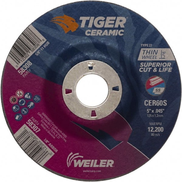 Weiler - 60 Grit, 5" Wheel Diam, 7/8" Arbor Hole, Type 27 Depressed Center Wheel - Medium Grade, Ceramic, S Hardness, 12,200 Max RPM - Exact Tooling