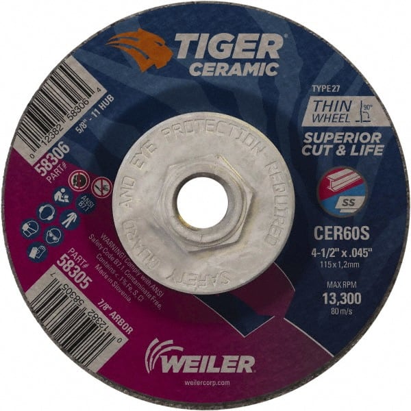 Weiler - 60 Grit, 4-1/2" Wheel Diam, Type 27 Depressed Center Wheel - Medium Grade, Ceramic, S Hardness, 13,300 Max RPM - Exact Tooling