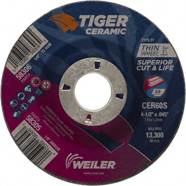 Weiler - 60 Grit, 4-1/2" Wheel Diam, 7/8" Arbor Hole, Type 27 Depressed Center Wheel - Medium Grade, Ceramic, S Hardness, 13,300 Max RPM - Exact Tooling