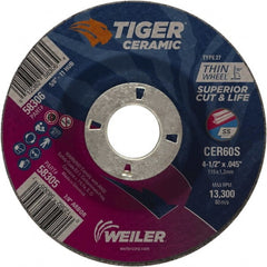 Weiler - 60 Grit, 4-1/2" Wheel Diam, 7/8" Arbor Hole, Type 27 Depressed Center Wheel - Medium Grade, Ceramic, S Hardness, 13,300 Max RPM - Exact Tooling