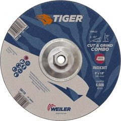 Weiler - 30 Grit, 9" Wheel Diam, Type 27 Depressed Center Wheel - Hard Grade, Aluminum Oxide, T Hardness, 6,600 Max RPM - Exact Tooling