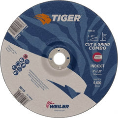 Weiler - 30 Grit, 9" Wheel Diam, 7/8" Arbor Hole, Type 27 Depressed Center Wheel - Hard Grade, Aluminum Oxide, T Hardness, 6,600 Max RPM - Exact Tooling