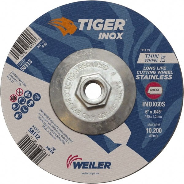 Weiler - 60 Grit, 6" Wheel Diam, Type 27 Depressed Center Wheel - Medium Grade, Aluminum Oxide, S Hardness, 10,200 Max RPM - Exact Tooling