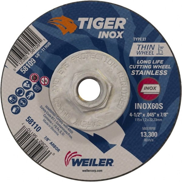 Weiler - 60 Grit, 4-1/2" Wheel Diam, Type 27 Depressed Center Wheel - Medium Grade, Aluminum Oxide, S Hardness, 13,300 Max RPM - Exact Tooling