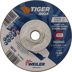 Weiler - 60 Grit, 4-1/2" Wheel Diam, Type 27 Depressed Center Wheel - Medium Grade, Aluminum Oxide, S Hardness, 13,300 Max RPM - Exact Tooling