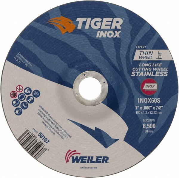 Weiler - 60 Grit, 7" Wheel Diam, 7/8" Arbor Hole, Type 27 Depressed Center Wheel - Medium Grade, Aluminum Oxide, S Hardness, 8,500 Max RPM - Exact Tooling