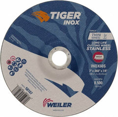 Weiler - 60 Grit, 7" Wheel Diam, 7/8" Arbor Hole, Type 27 Depressed Center Wheel - Medium Grade, Aluminum Oxide, S Hardness, 8,500 Max RPM - Exact Tooling