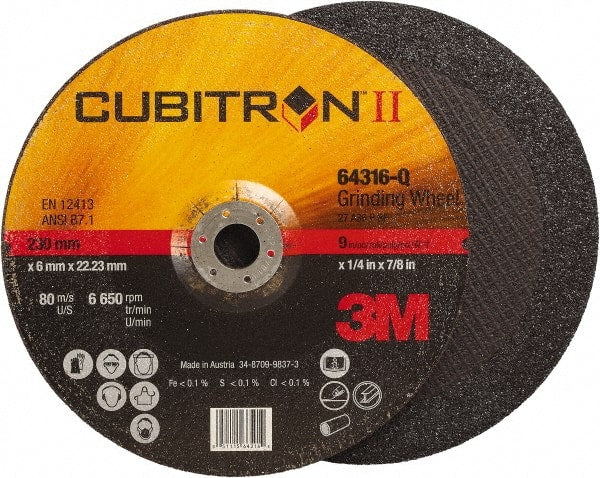 3M - 36 Grit, 9" Wheel Diam, 1/4" Wheel Thickness, 7/8" Arbor Hole, Type 27 Depressed Center Wheel - Coarse Grade, Ceramic, Resinoid Bond, Q Hardness, 6,650 Max RPM, Compatible with Angle Grinder - Exact Tooling