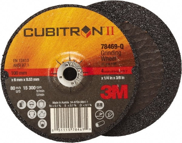 3M - 36 Grit, 4" Wheel Diam, 1/4" Wheel Thickness, 3/8" Arbor Hole, Type 27 Depressed Center Wheel - Coarse Grade, Ceramic, Resinoid Bond, Q Hardness, 15,000 Max RPM, Compatible with Angle Grinder - Exact Tooling