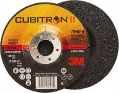 3M - 36 Grit, 5" Wheel Diam, 1/4" Wheel Thickness, 7/8" Arbor Hole, Type 27 Depressed Center Wheel - Coarse Grade, Ceramic, Resinoid Bond, Q Hardness, 12,250 Max RPM, Compatible with Angle Grinder - Exact Tooling