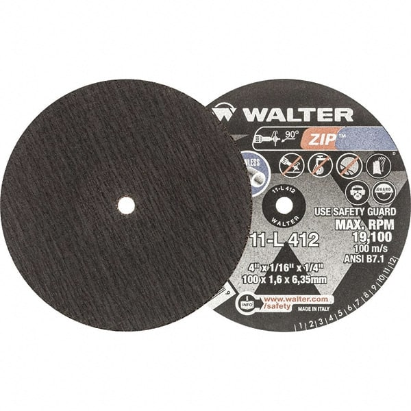 WALTER Surface Technologies - 4" 24 Grit Aluminum Oxide Cutoff Wheel - 1/16" Thick, 1/4" Arbor, 19,100 Max RPM, Use with Die Grinders - Exact Tooling