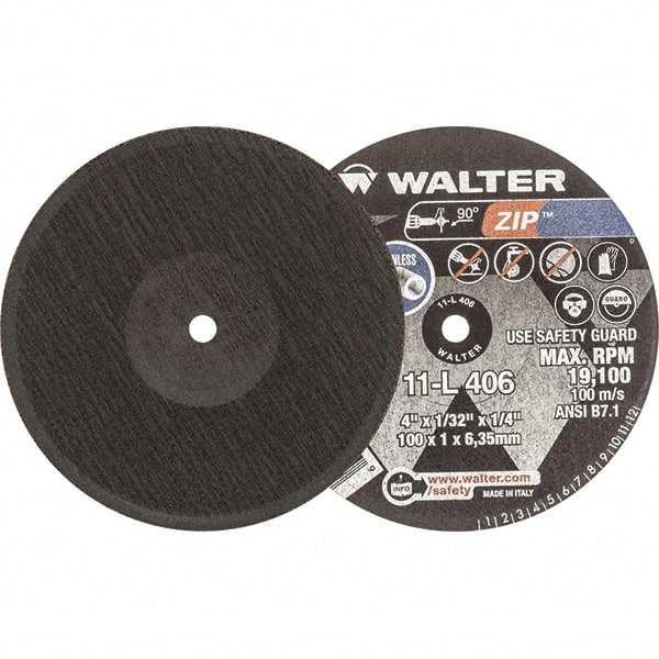 WALTER Surface Technologies - 4" 24 Grit Aluminum Oxide Cutoff Wheel - 1/32" Thick, 1/4" Arbor, 19,100 Max RPM, Use with Die Grinders - Exact Tooling