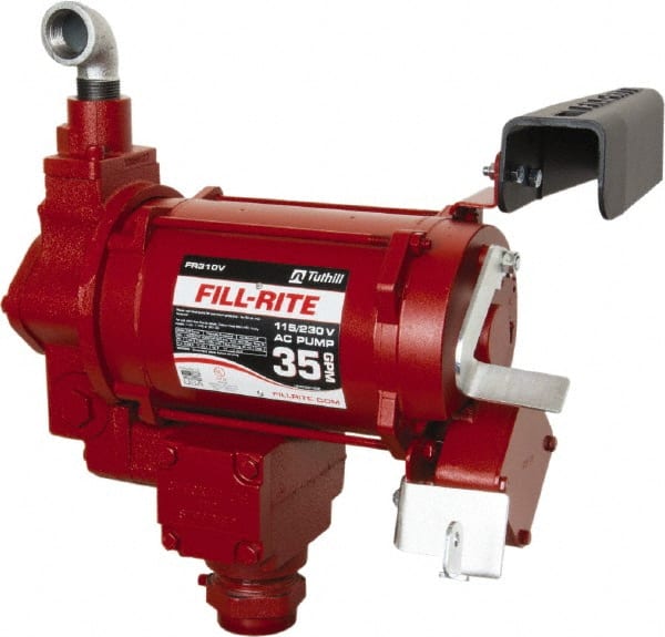 Tuthill - 35 GPM, 1" Hose Diam, Gasoline, Kerosene & Diesel Fuel AC High Flow Tank Pump with Auto Nozzle - Cast Iron Pump, 1-1/4" Inlet, 1" Outlet, 115/230 Volts, 3/4 hp - Exact Tooling
