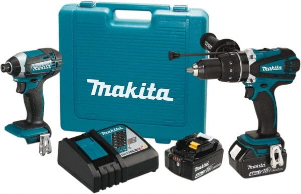 Makita - 18 Volt Cordless Tool Combination Kit - Includes 1/2" Hammer Drill/Driver & Impact Driver, Lithium-Ion Battery Included - Exact Tooling