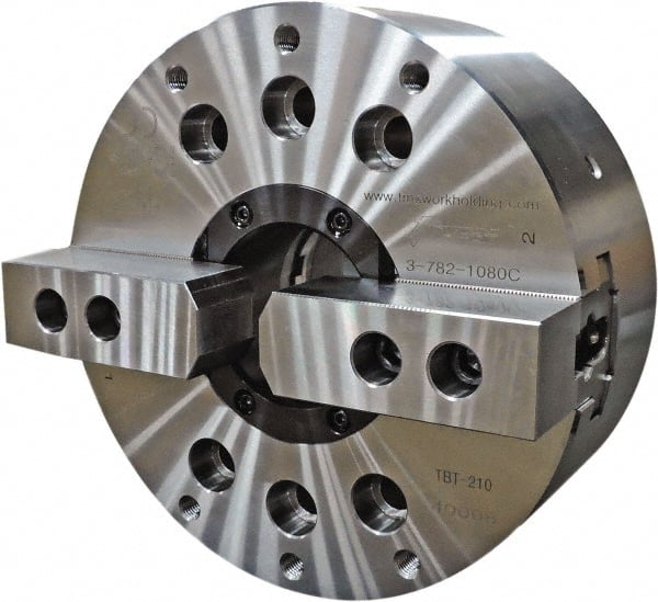TMX - 2 Jaws, 6" Chuck Diam, Plain Back Mount, 1.811" Through Hole, Drawtube, Hydraulic Power Lathe Chuck - 0.5118" to 6.6535" Jaw Capacity, 6,000 RPM - Exact Tooling