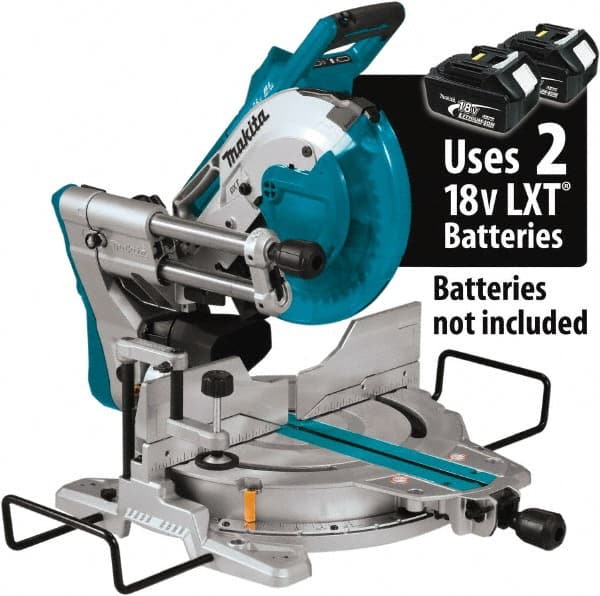 Makita - 36 Amp, 18 Volt, 4,400 RPM, 60° Double Bevel Sliding Miter Saw - 5/8" Arbor, 10" Blade Diam, Includes Vertical Vise, Dust Bag, Triangular Rule, Hex Wrench & 10" x 5/8" 40T Micro-Polished Miter Saw Blade - Exact Tooling