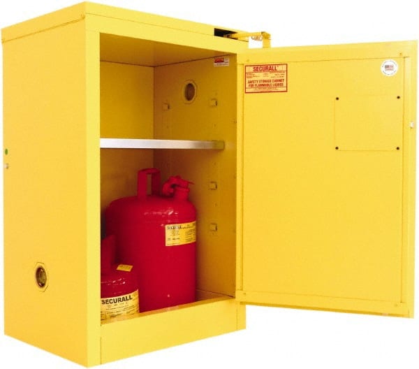 Securall Cabinets - 1 Door, 1 Shelf, Yellow Steel Standard Safety Cabinet for Flammable and Combustible Liquids - 37" High x 24" Wide x 18" Deep, Self Closing Door, 3 Point Key Lock, 12 Gal Capacity - Exact Tooling
