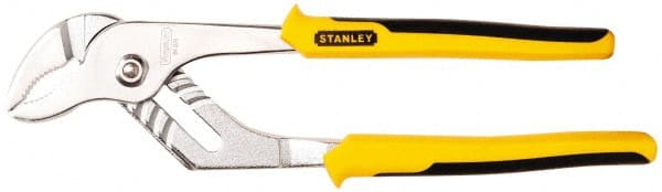 Stanley - 10-1/2" OAL, 1-1/4" Jaw Length, 7 Position Groove Joint Tongue & Groove Pliers - Serrated Curved Jaws, Curved Head, Dual Dipped Handles - Exact Tooling