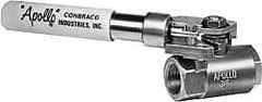 Apollo - 1-1/2" Pipe, Stainless Steel Standard Ball Valve - 2 Piece, Inline - One Way Flow, FNPT x FNPT Ends, Deadman Lever (Spring Return to Close) Handle, 1,500 WOG, 150 WSP - Exact Tooling