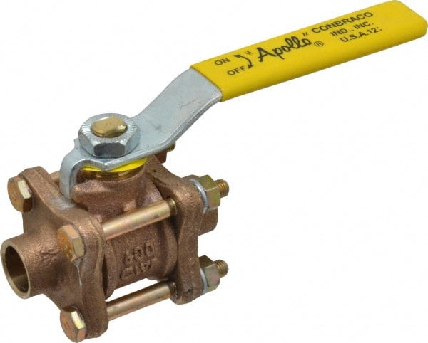 Apollo - 1/2" Pipe, Full Port, Bronze Standard Ball Valve - 3 Piece, Inline - One Way Flow, Soldered x Soldered Ends, Lever Handle, 600 WOG, 150 WSP - Exact Tooling