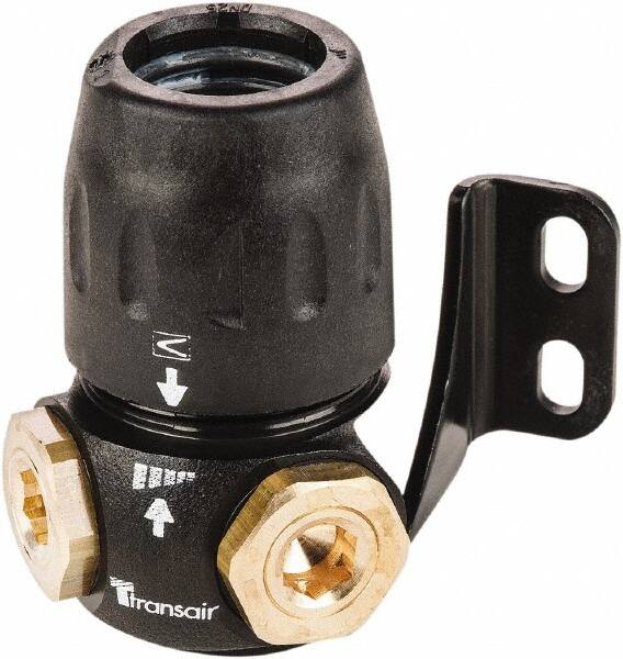 Transair - 1/2" ID, 16.5mm OD, 90° Two Port Wall Bracket - Plastic, 232 Max psi, 1/2 & 1/4 Female NPT, 2-15/16" Long - Exact Tooling