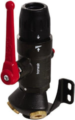 Transair - 1/2" ID, 16.5mm OD, 45° Two Port Wall Bracket with Ball Valve - Plastic, 232 Max psi, 1/2 & 1/4 Female NPT, 3-5/16" Long - Exact Tooling