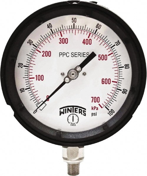 Winters - 4-1/2" Dial, 1/4 Thread, 0-100 Scale Range, Pressure Gauge - Bottom Connection Mount, Accurate to ±0.5% of Scale - Exact Tooling