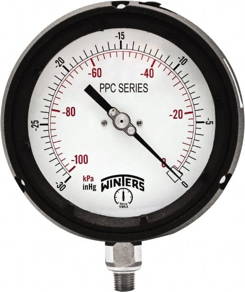 Winters - 4-1/2" Dial, 1/4 Thread, 30-0 Hg VAC Scale Range, Pressure Gauge - Bottom Connection Mount, Accurate to ±0.5% of Scale - Exact Tooling