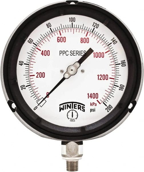 Winters - 4-1/2" Dial, 1/4 Thread, 0-200 Scale Range, Pressure Gauge - Bottom Connection Mount, Accurate to ±0.5% of Scale - Exact Tooling