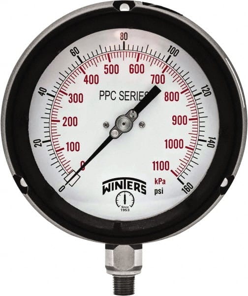 Winters - 4-1/2" Dial, 1/4 Thread, 0-160 Scale Range, Pressure Gauge - Bottom Connection Mount, Accurate to ±0.5% of Scale - Exact Tooling