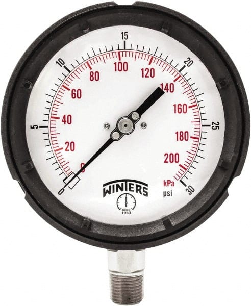 Winters - 4-1/2" Dial, 1/4 Thread, 0-30 Scale Range, Pressure Gauge - Bottom Connection Mount, Accurate to ±0.5% of Scale - Exact Tooling