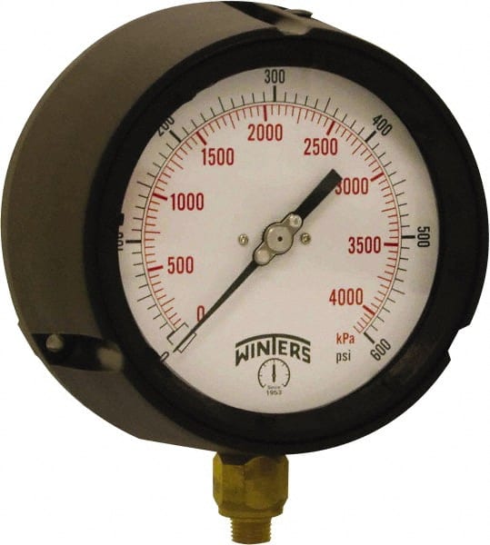 Winters - 4-1/2" Dial, 1/4 Thread, 0-600 Scale Range, Pressure Gauge - Bottom Connection Mount, Accurate to ±0.5% of Scale - Exact Tooling