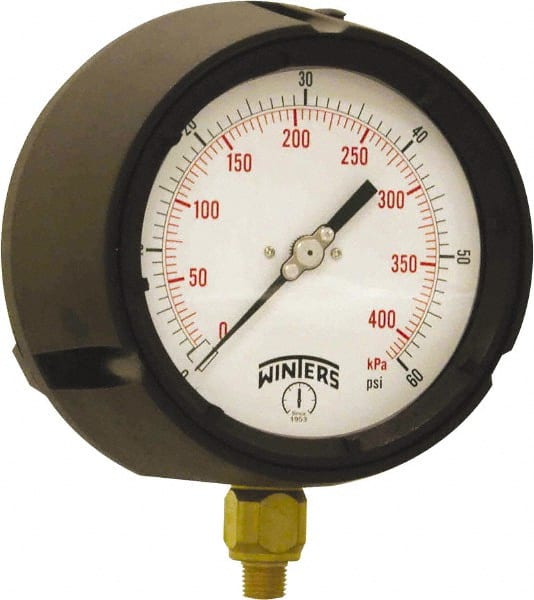 Winters - 4-1/2" Dial, 1/4 Thread, 0-60 Scale Range, Pressure Gauge - Bottom Connection Mount, Accurate to ±0.5% of Scale - Exact Tooling